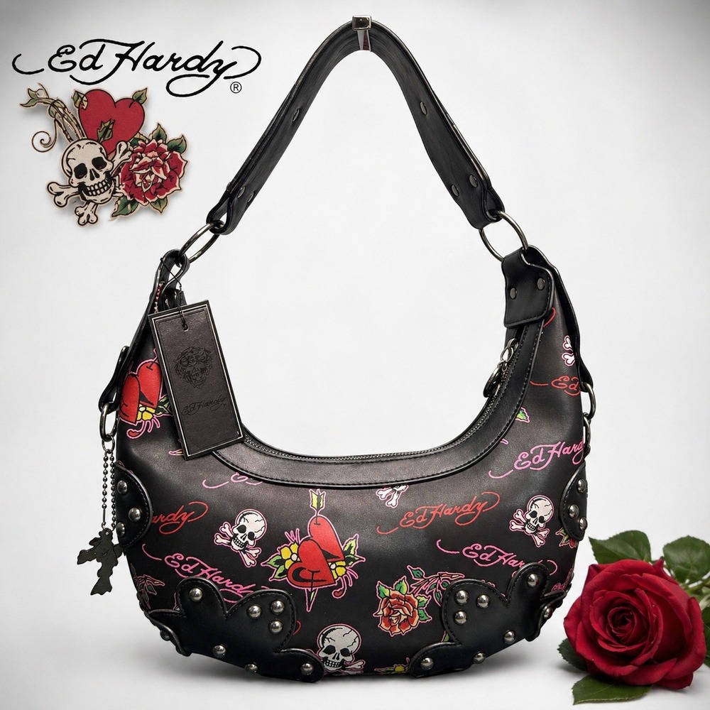 Ed Hardy Tattoo Print Hobo Bag‎ Black Skull Rose Heart Y2K Studded Shoulder Bag